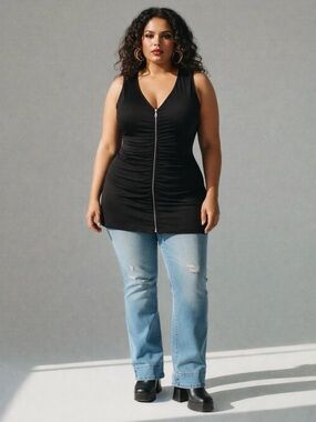 Addition Elle - Y2K Sleeveless Zip-Front Ruched Front Sleek Clubwear Tunic